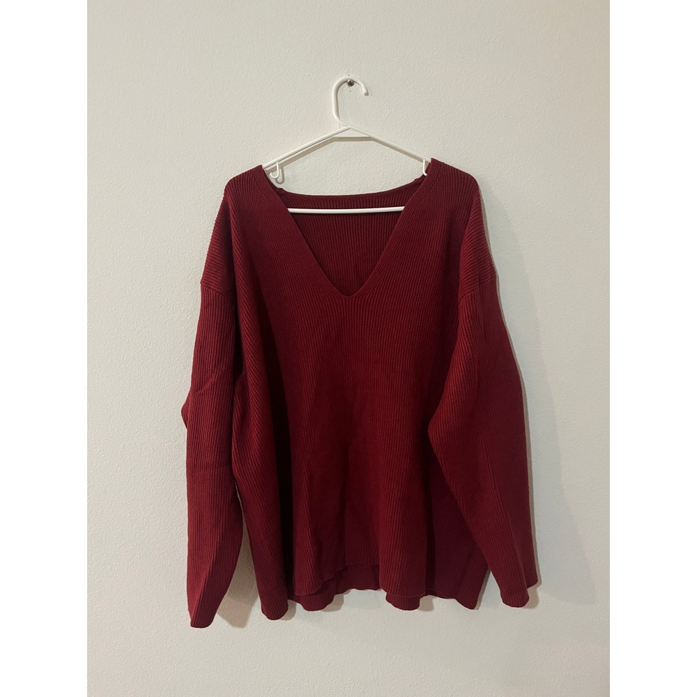Burgundy Ribbed V-Neck Oversized Pullover Sweater XXL H8K555 Deep Red